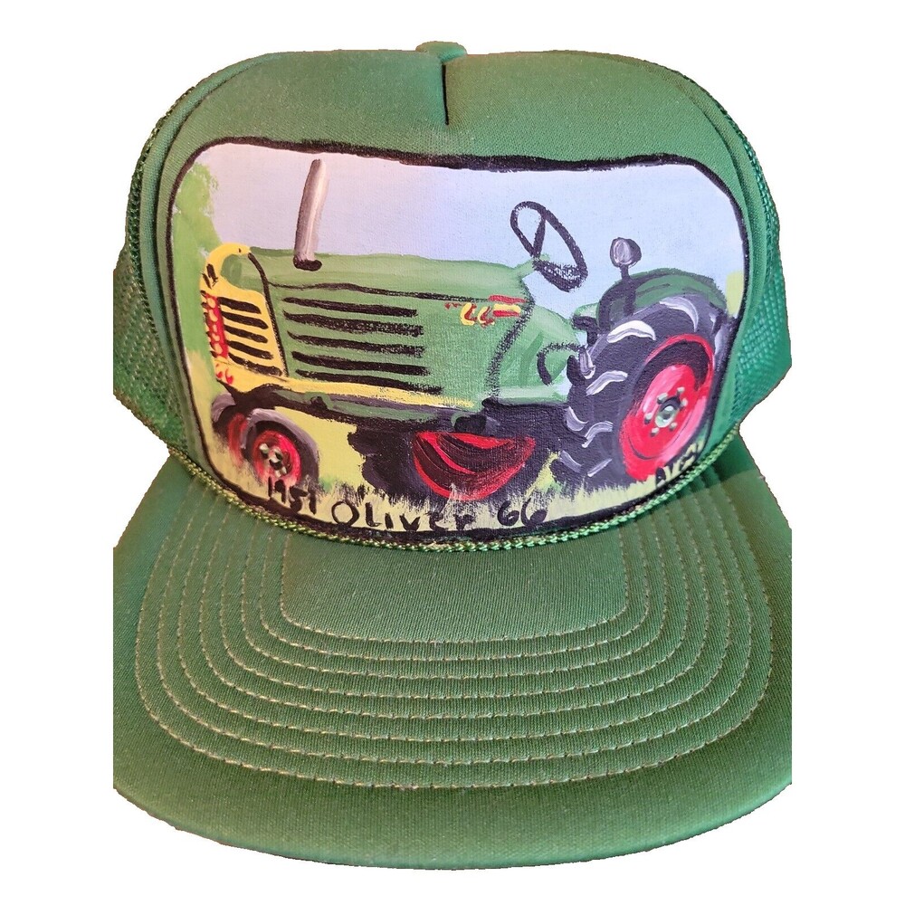 Vintage Oliver John Deere Hand Painted Trucker Green San Sun Hat From Sri Lanka